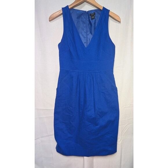 J Crew Womens Textured V Neck Sheath Dress Sz 4 Royal Blue Pockets Lined - Picture 1 of 7